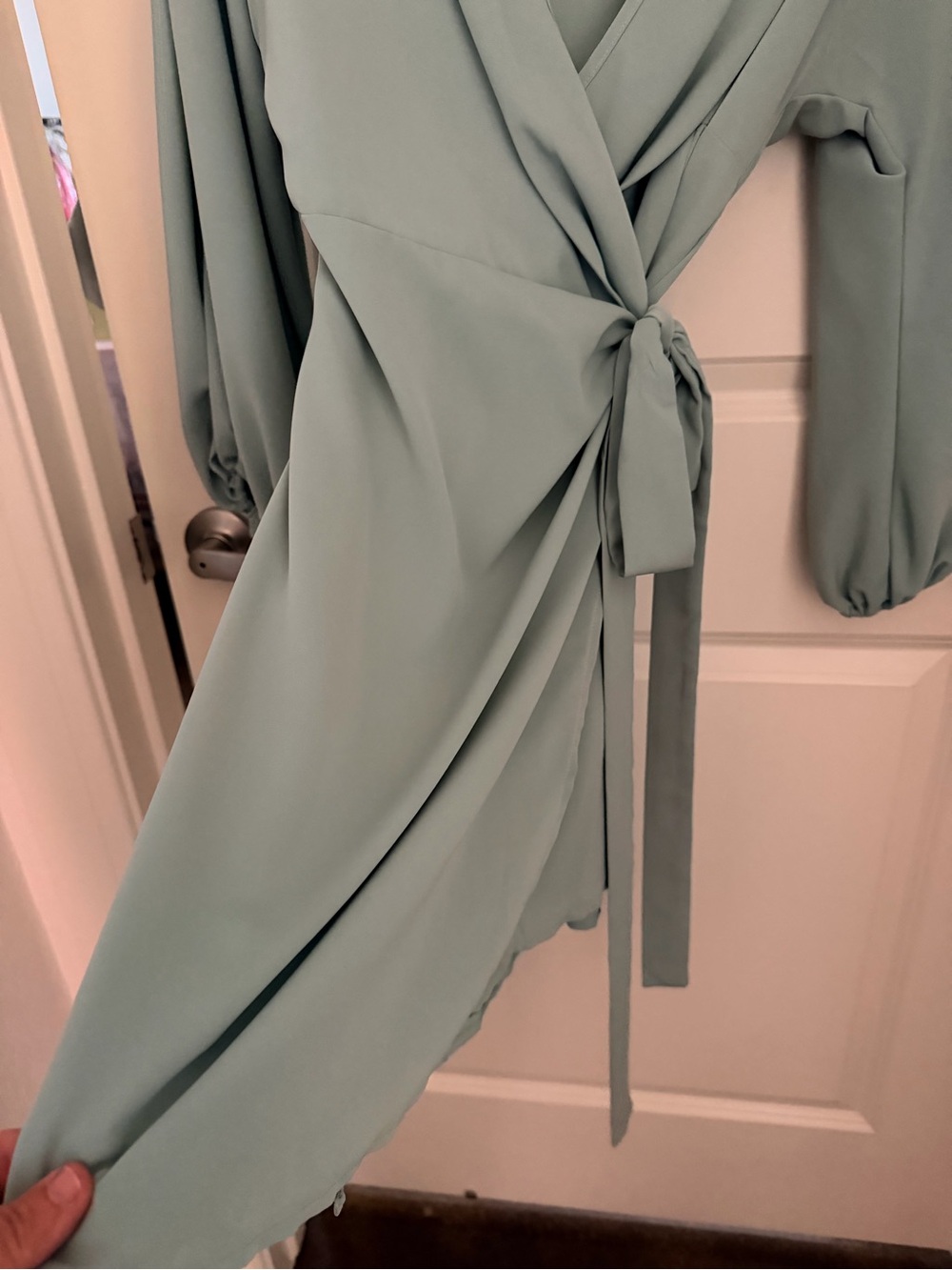 Wrap-Front Long Sleeve Dress in Sage Green